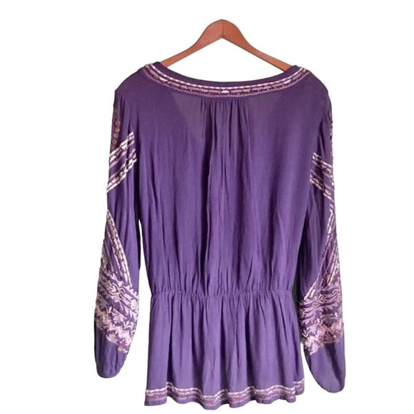 Free People Sequins Blouse Women Sz S Purple  Embroidered Long Puff Sleeves Boho - Picture 8 of 15